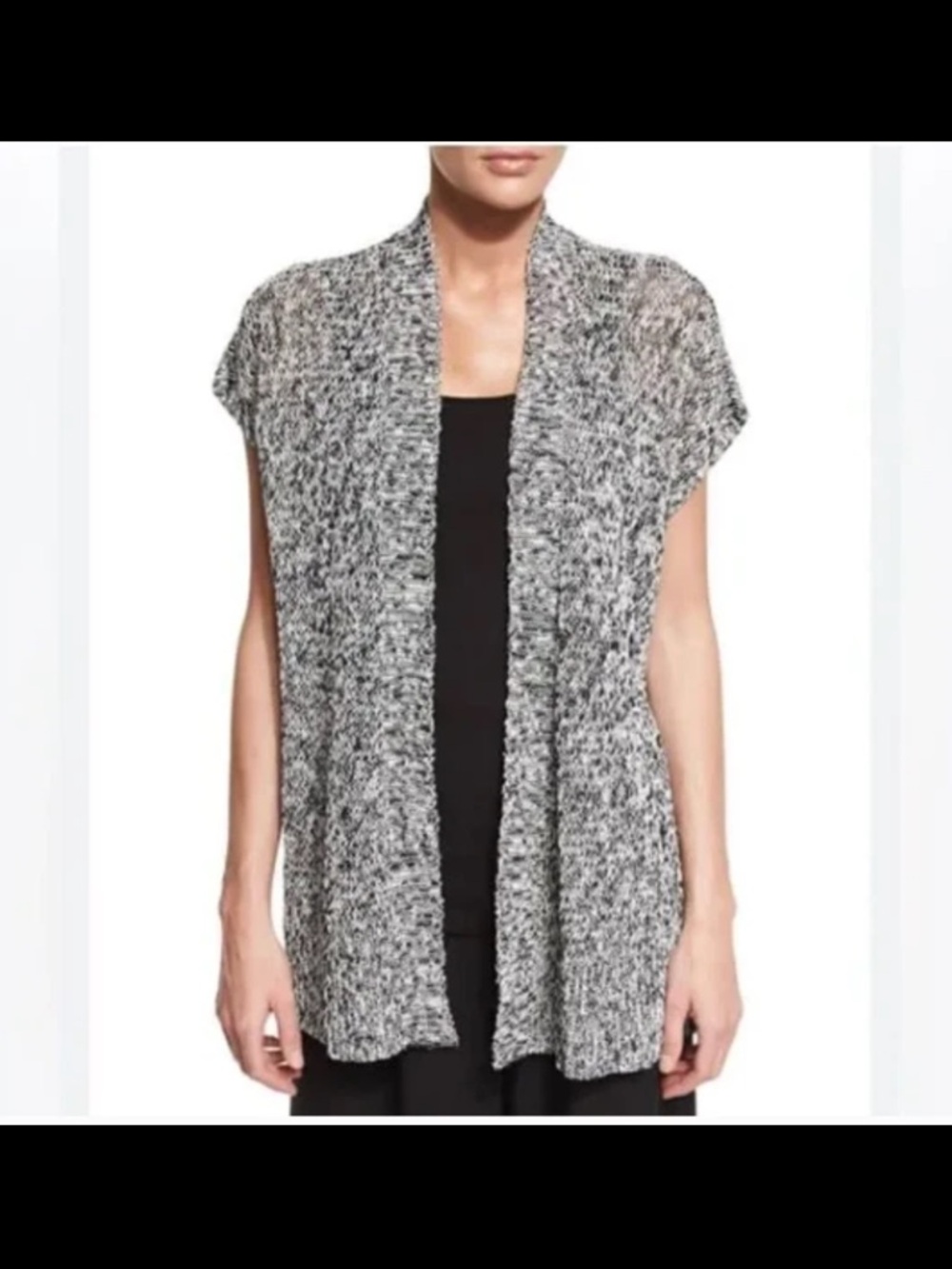 Large Eileen Fisher Black/White Open Short Sleeve Linen/Cotton Blend Sweater